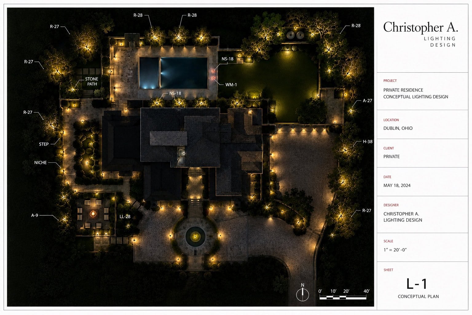 Overhead night view of a house, driveway, pool, and landscaping, all illuminated by exterior lighting; project information appears on the right side of the image. - Christopher A. Lighting Design