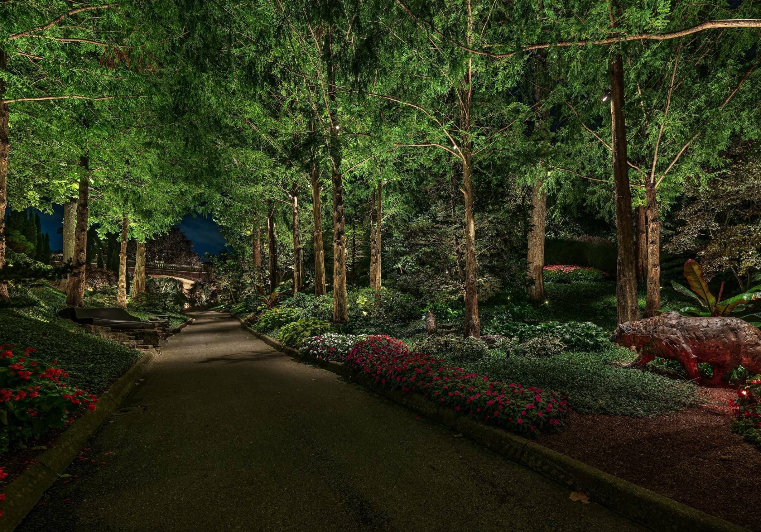 A paved path runs through a garden at night, lit by lights among tall trees, flowering plants, and a red animal sculpture on the right.