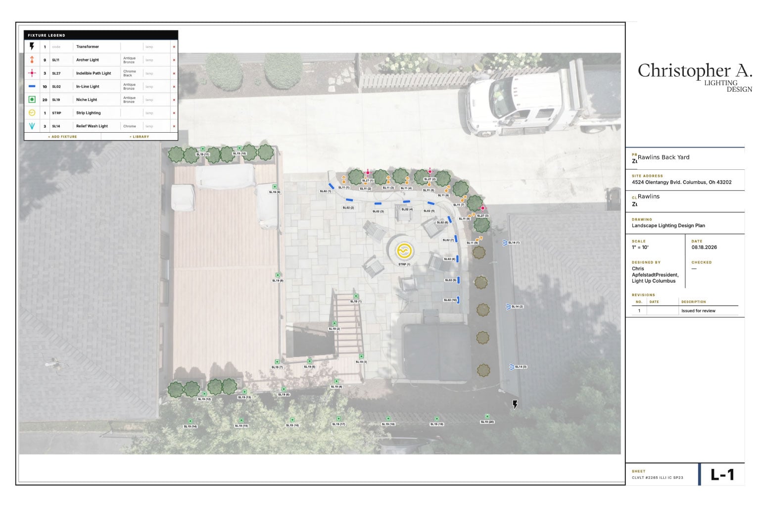 A landscape lighting plan shows a backyard patio layout with numbered lights, plantings, a driveway, and parked white truck; project details appear on the right. - Christopher A. Lighting Design
