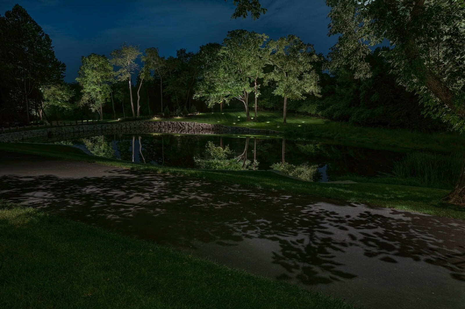 A dimly lit park at night shows trees and their reflections in a calm pond, with a paved path in the foreground and scattered lights illuminating the area.